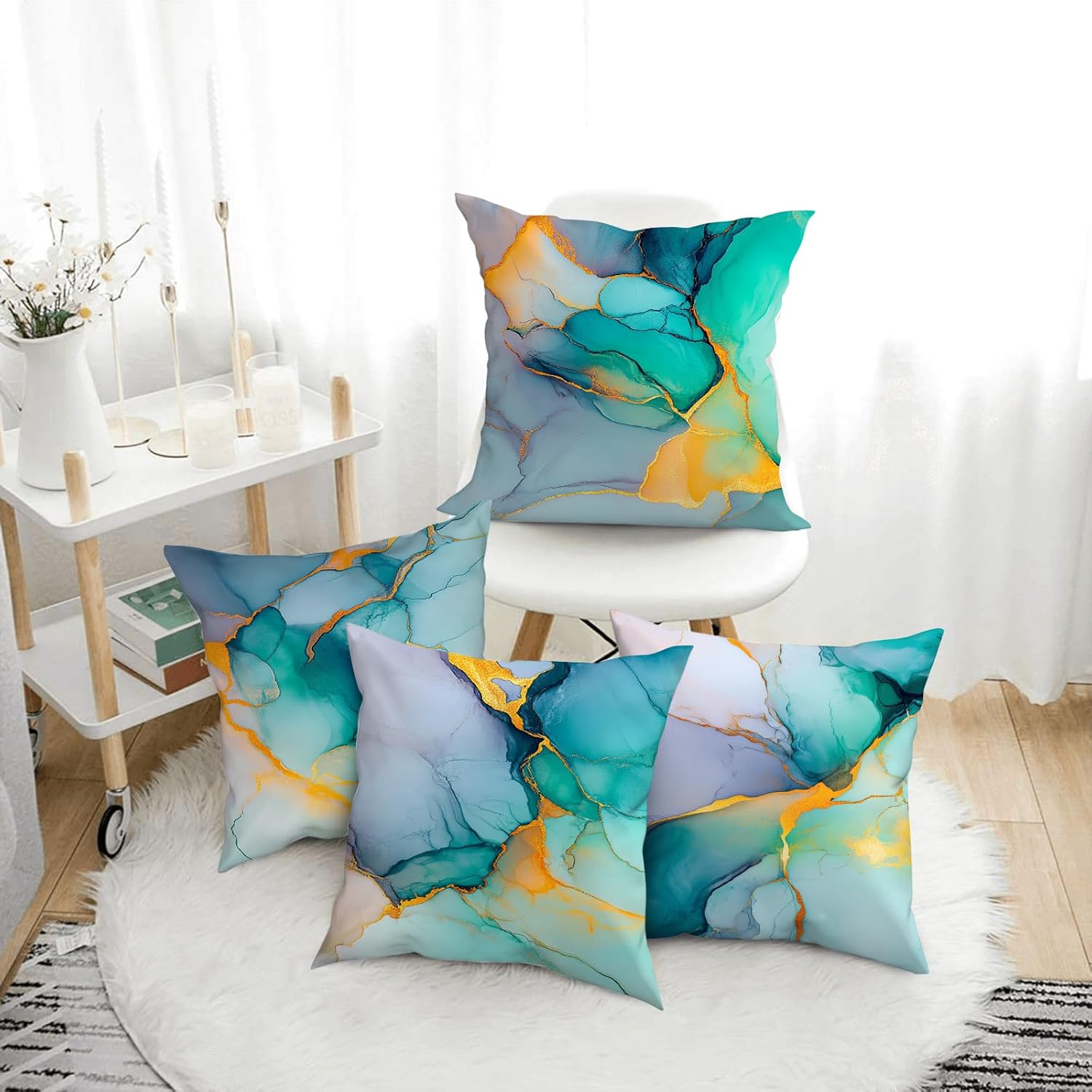 Marble Texture Turquoise Decorative Throw Pillow Covers Teal Gold Pillow Cases for Couch Sofa Chair Livingroom Bedroom Set of 4 18x18 Inch Abstract Modern Cushion Cover