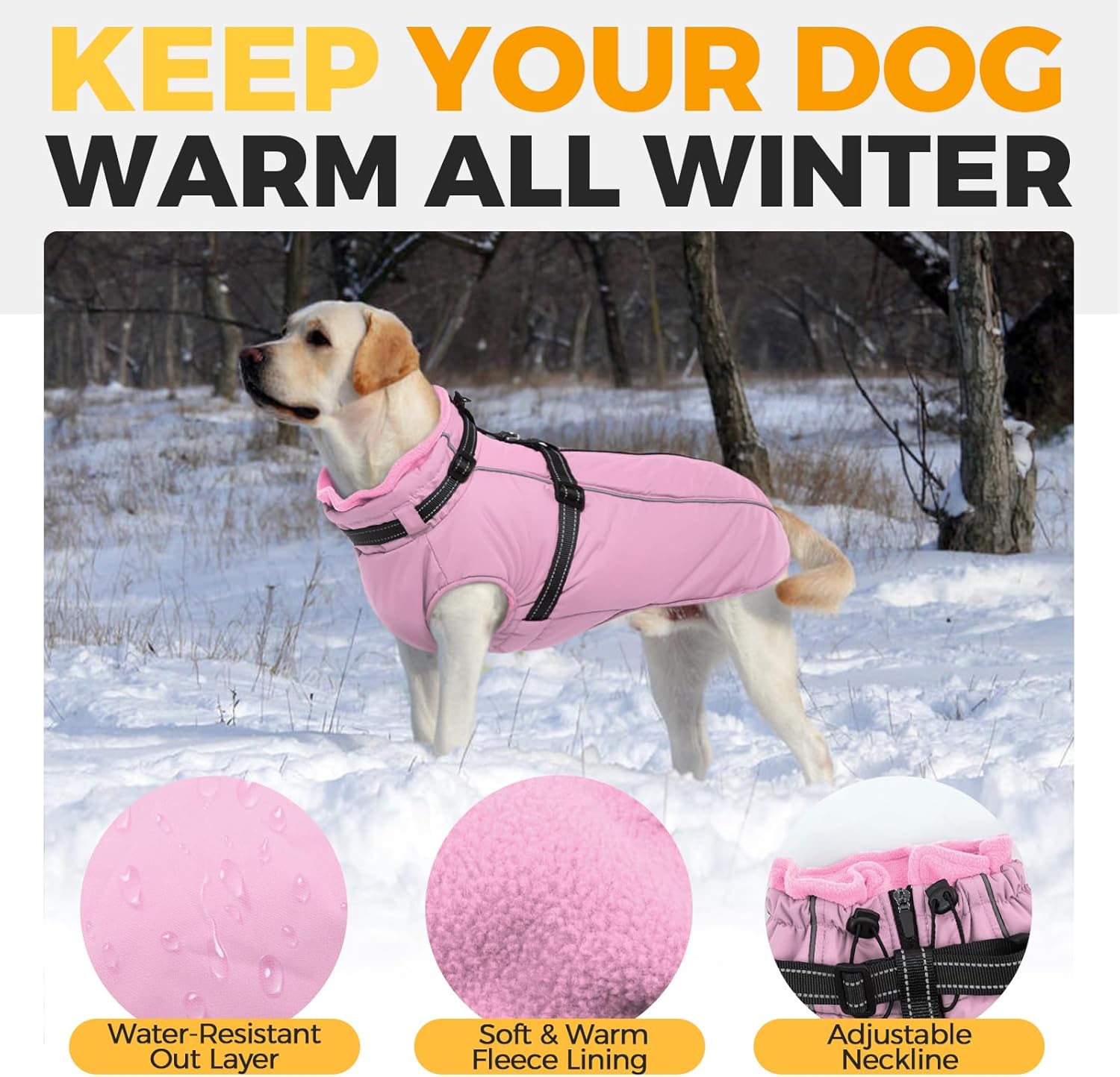 Lelepet Dog Coat for Large Dogs Waterproof Dog Jacket with Harness Built in Reflective Fleece Jacket with Zip Windproof Cold Weather Coats for Dogs Cozy Thermal Pet Snowsuit, Weimaraner, Pink, XXL