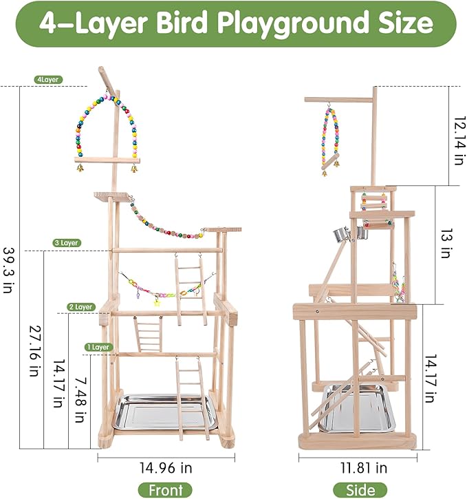 Bird Playground 4 Layer, Parrot Playground Bird Play Stand for Parakeet Conure Cockatiel Lovebird Budgie, Parrot Playstand with Feeder Cups, Ladder, Chain Toy, Swing and Detachable Tray