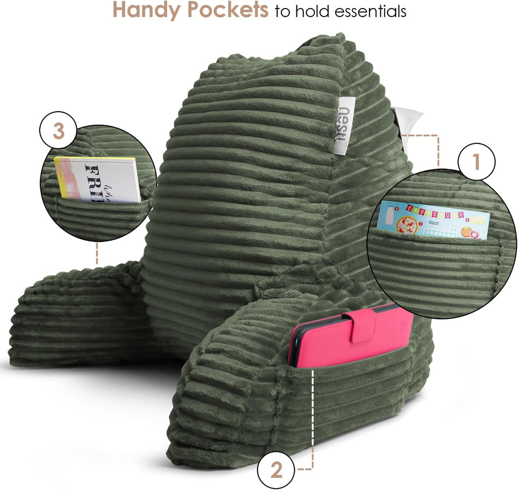 Nestl Reading Pillow with Shredded Memory Foam, Luxe Cut Plush Back Pillow for Sitting Up in Bed, Back and Arms Adjustable Support for Adult & Teens, Backrest Pillows with Washable Cover Olive Green