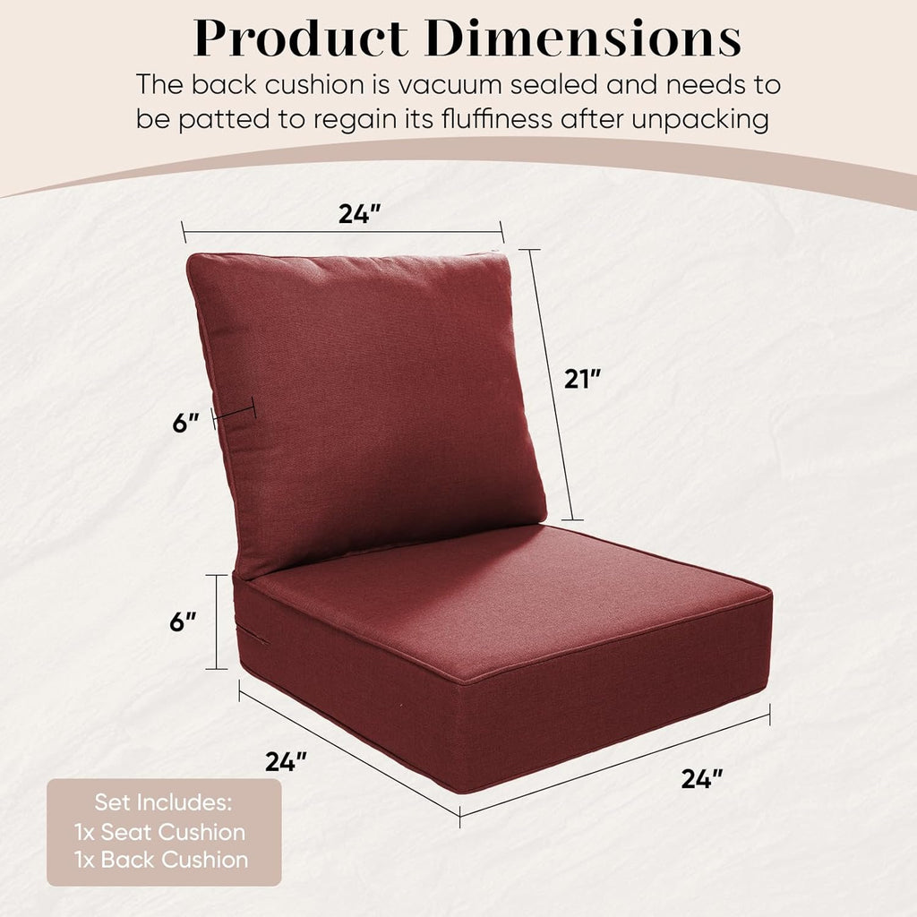 Luxury Outdoor Seat Cushion Set-24 x 24 x 6 Inch Outdoor Chair Cushions Set of 2 with Water Resistant & Removable Cover Outdoor Cushions for Patio Furniture Chair Sofa Couch