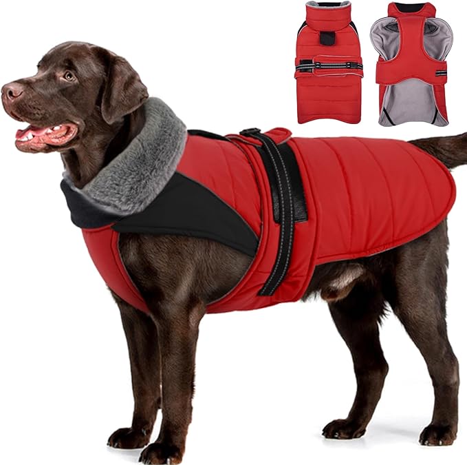 MIGOHI Comfortable Large Dog Coat - Waterproof Dog Coat with Reflective Strips,Windproof XXL Dogs Jacket with Warm Turtleneck, Snow Coats for Large Dogs,Labrador Golden Retriever,2XL,RedBlack