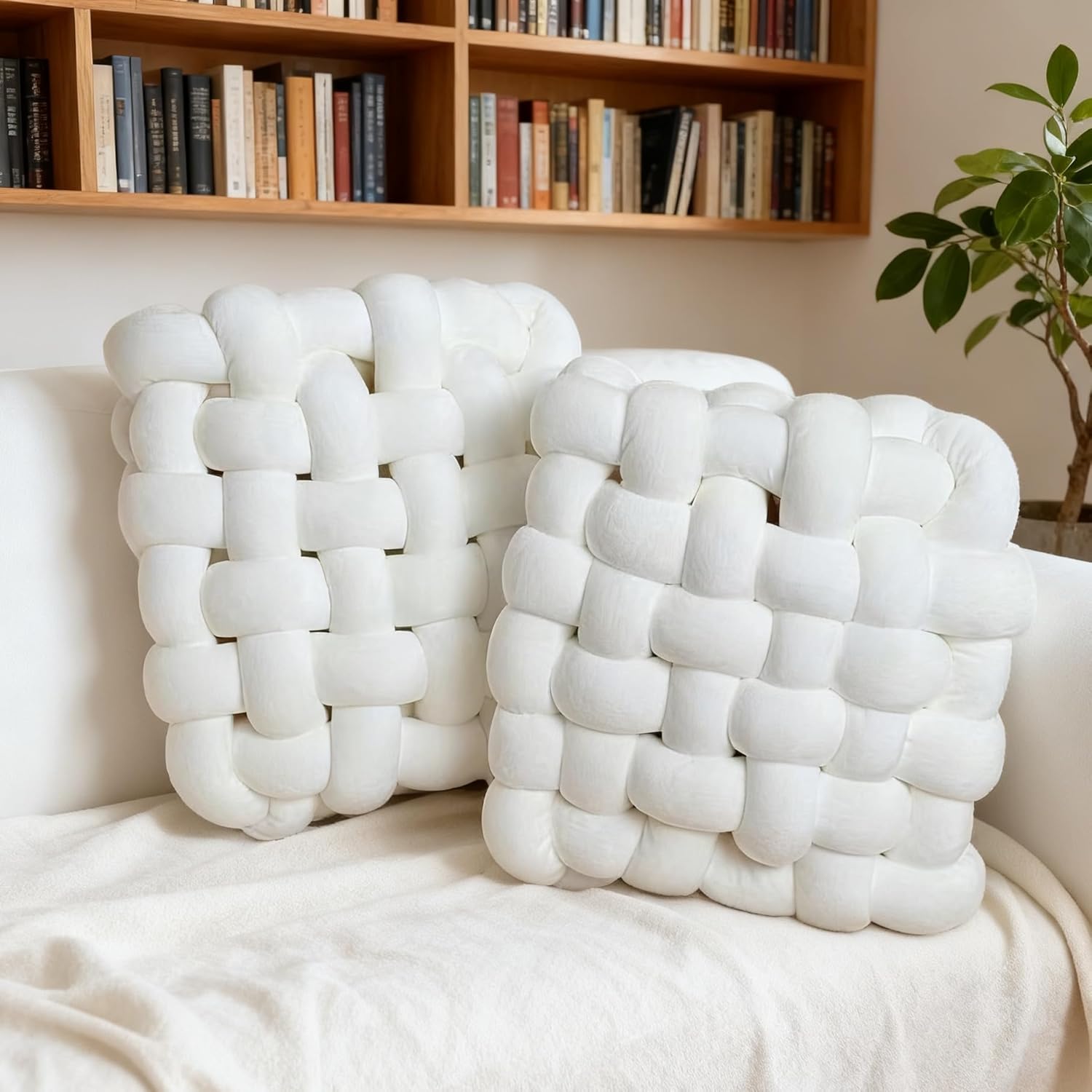 2Pcs Square Knot Throw Pillows, Suitable For Bedroom Decoration, Sofa Decorative Pillows, Home Decoration, Home Decor Living Room 12 inches * 13 inches (White)