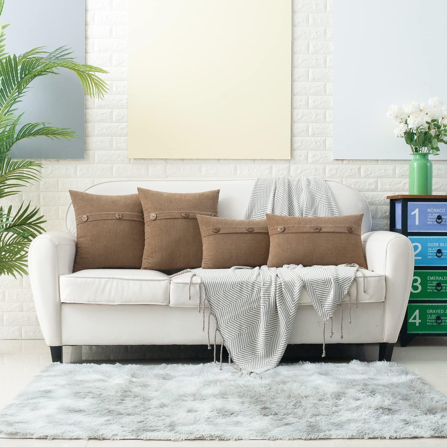 HWY 50 Taupe Chenille Throw Pillow Covers 12x20 Inch with Triple Buttons, Soft Farmhouse Accent Decorative Cushion Cases for Couch Sofa Living Room Pack of 2 Rectangle