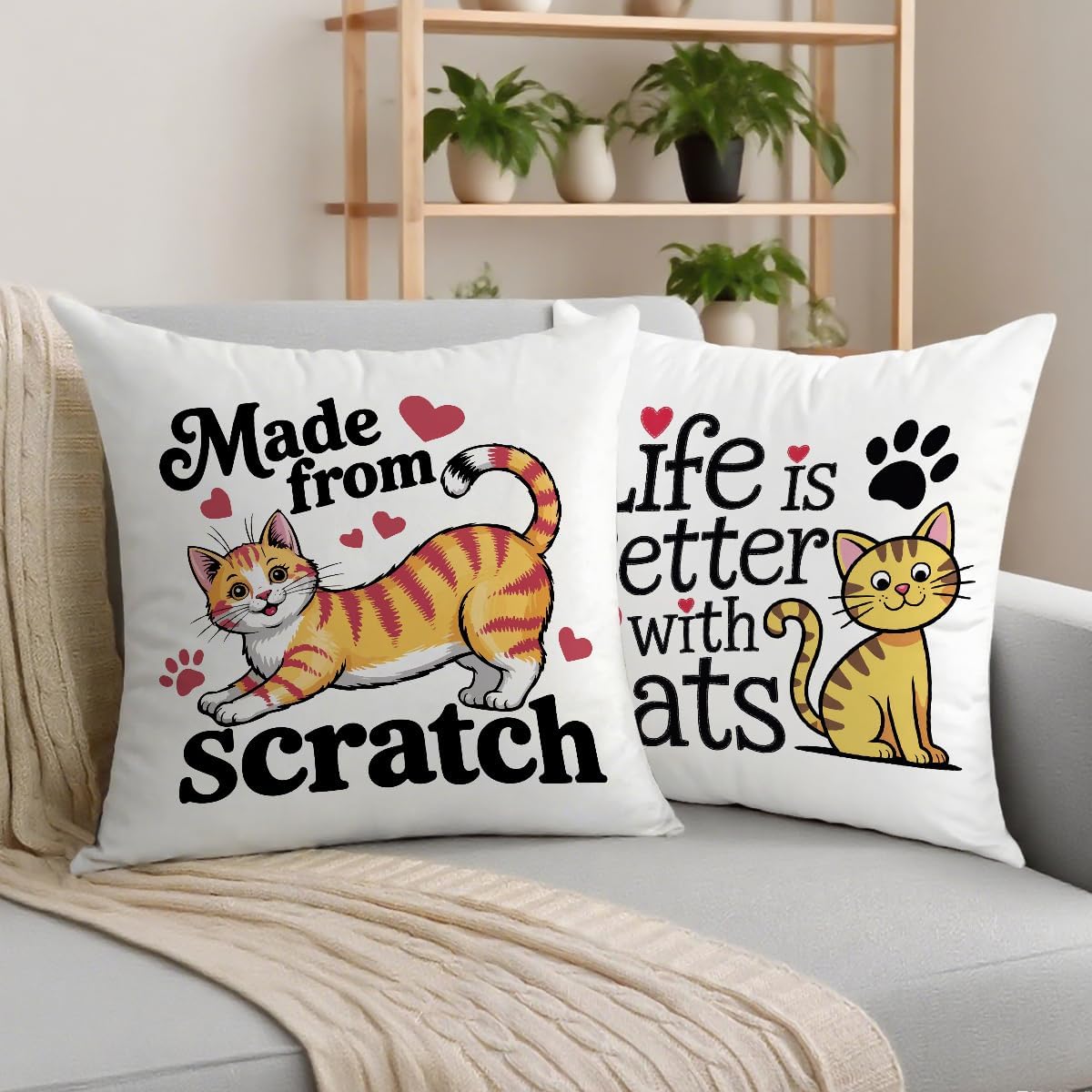 2 Pcs Abstract Cats Throw Pillow Cover, Crazy Cat Lady Gifts for Women Cat Decor, Square Decorative Throw Pillow Case for Couch Sofa Bed Bedroom Apartment Dorm Living Room Office Home Decor