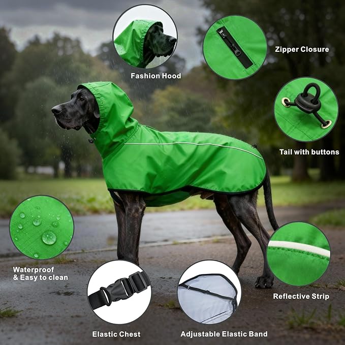 Mosucoirl Dog Raincoat Jacket Reflective Adjustable Hooded Pet Poncho Rain Coats with Leash Hole Waterproof Clothes for Small Medium Large Dogs (Green, M)