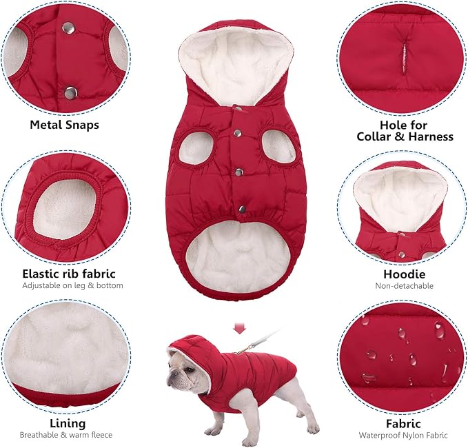 Fleece Hoodie, Windproof Waterproof Dog Coat, Winter Warm Jacket, Cold Weather Pet Apparel Clothes Vest for Small Medium Large Dogs (S, Red)