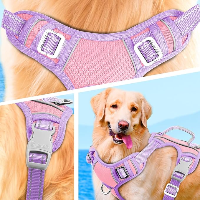 BARKBAY No Pull Dog Harness Large Reflective Dog Harness with Front Clip and Easy Control Handle for Walking Training Running with ID tag Pocket(Baby Pink & Violet Purple,L)