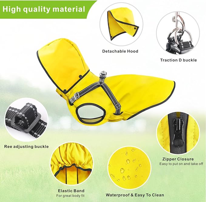 Mosucoirl Dog Raincoat Waterproof Doggie Hoodie Reflective Dog Raincoat Hooded Adjustable Rain Jacket for Small Medium Large Dogs Puppies Doggie (Yellow, L)