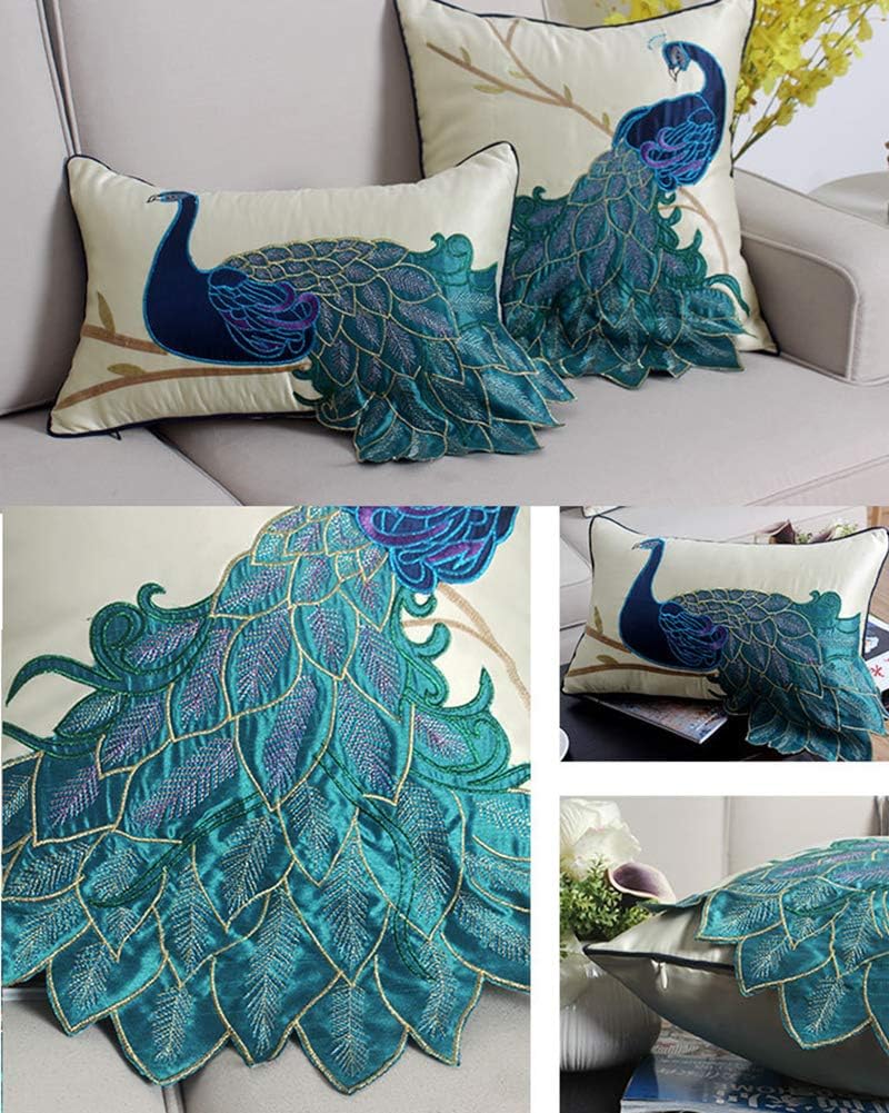 vctops Embroidered Peacock Decorative Throw Pillow Case Silky Satin Cushion Cover Peacock 3 12"X20"