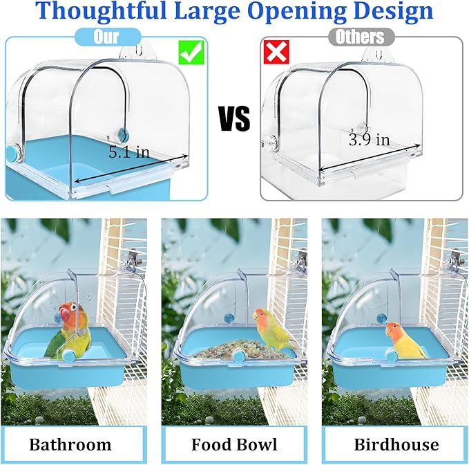 Tfwadmx Bird Cage Bath Hanging Bird Bath Supplies Parrot Bath Tub Water Shower Food Feeder Holder Tray for Small Birds Canary Budgies Cockatiel Lovebirds(Blue)