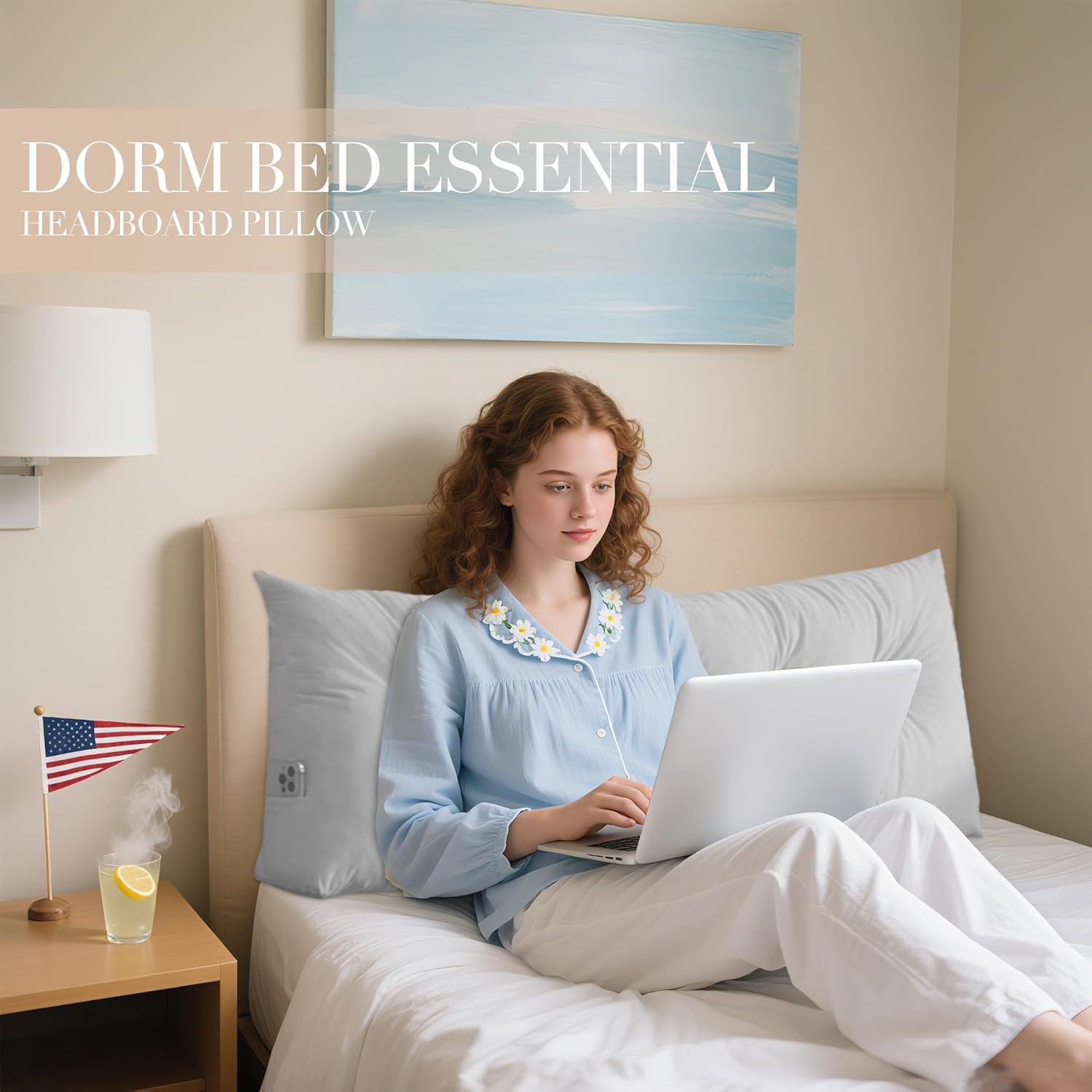 Dorm Headboard Pillows Twin XL Wedge Headboard Pillow Long Backrest Positioning Support for Daybed Reading Backrest Pillow with Side Pockets College Dorm Headboard