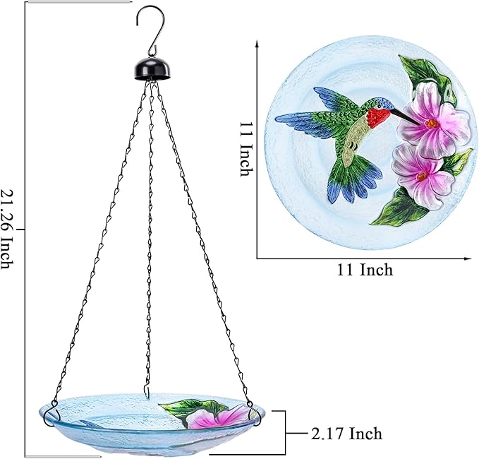 VCUTEKA Glass Hanging Bird Bath for Outdoors, BirdBaths with 21-Inch Rust-Proof Chain, Garden Yard Decor, Hummingbird Pattern