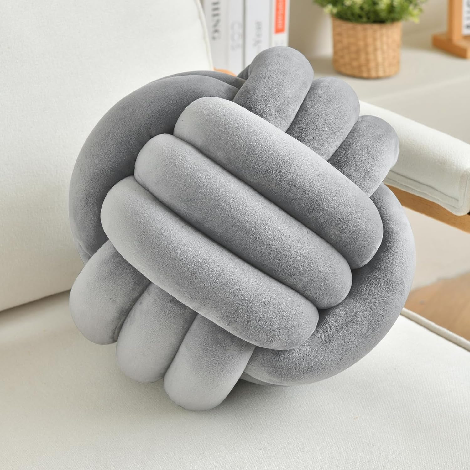 Decorative Throw Knot Pillow Ball for Home Chair Sofa Aesthetic Round Velvet Knotted Pillow Cushion (Light Grey, 11inch)