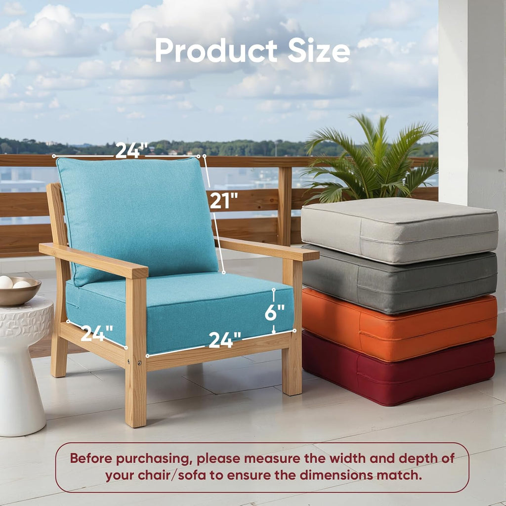 Outdoor Chair Cushions Set of 2, Waterproof 24x24 Patio Chair Cushions, 6" Thickened Seat Cushion for Outdoor Furniture, Couch Cushion Replacement, Include 2 Back & 2 Seat Cushion, Thick/CyanBlue
