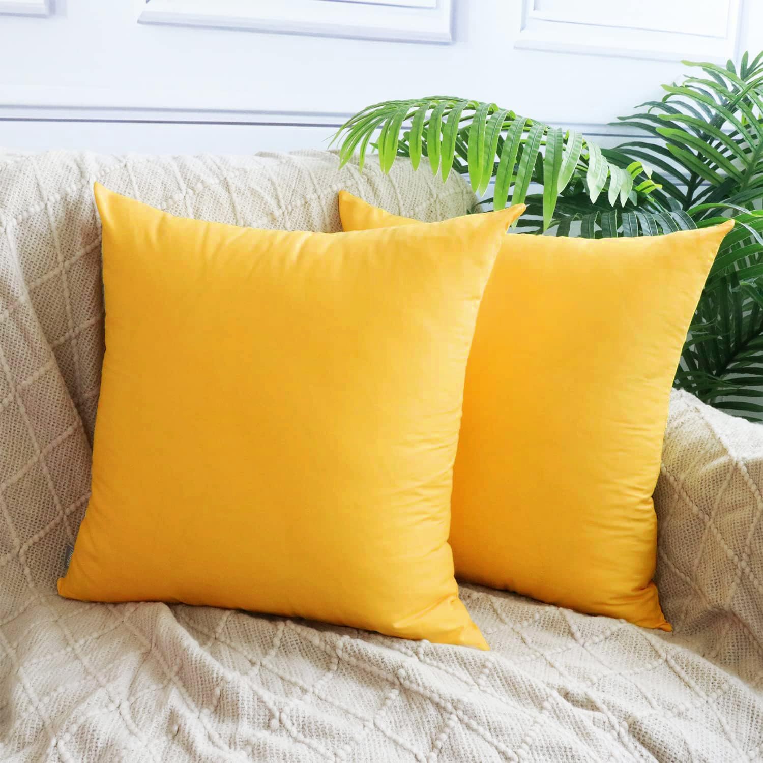 4-Pack Cotton Comfortable Solid Decorative Throw Pillow Case Square Cushion Cover Pillowcase (Cover Only,No Insert)(20x20inch/50x50cm, Yellow)