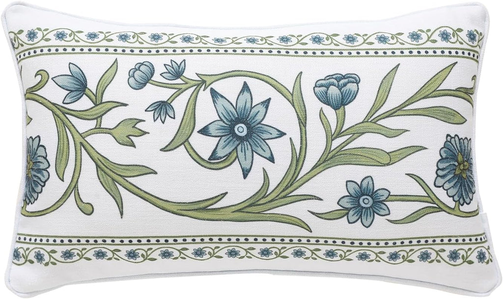 ISAENNE Design Fresh Linen Lumbar Throw Pillow Covers 12"x20", French White Cottage Cushion Covers with Green Branches Pattern Decoration Pillowcases for Bed,Living Room,Outdoor,Car