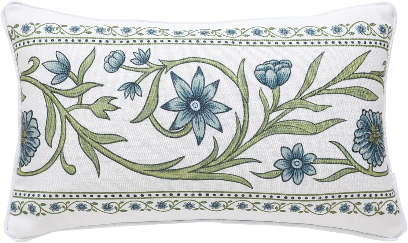ISAENNE Design Fresh Linen Lumbar Throw Pillow Covers 12"x20", French White Cottage Cushion Covers with Green Branches Pattern Decoration Pillowcases for Bed,Living Room,Outdoor,Car