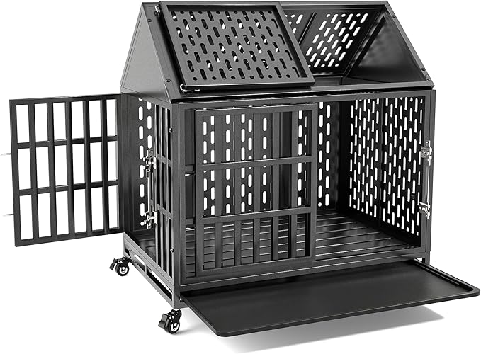 38 Inch Heavy Duty Dog Crate with Self-Locking Latch for High Anxiety Dogs, Indestructible Large Kennel Indoor with Pointed Roof, Removable Trays and Lockable Wheels, Chew Proof Cage