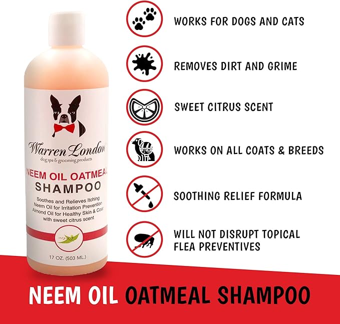 Warren London Neem Oil with Oatmeal Dog Shampoo - Hypoallergenic, Moisturizing & Itch Relief Formula - Gentle on Skin & Coat - Made in USA - 1 Gallon