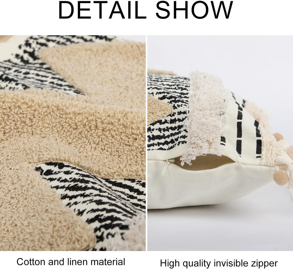 1Pc Boho Textured Lumbar Pillow Cover 12x 20, Diamond Woven Tufted Farmhouse Neutral Decorative Linen Pillow Cushion Case,Geometric Home Decor for Outdoor Couch Bedroom Car Black and White