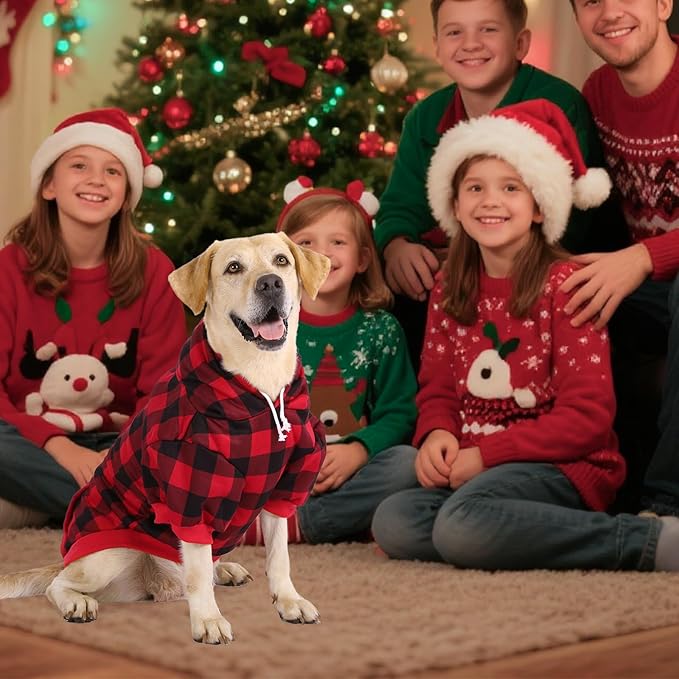 KOOLTAIL Plaid Dog Hoodie Pet Clothes Sweater with Hat and Pocket for Small Medium Large Size Dogs, Soft Winter Warm Dog Cold Weather Coat, Fleece Fall Dog Hooded Sweatshirt for Puppy Cats, Red XXL