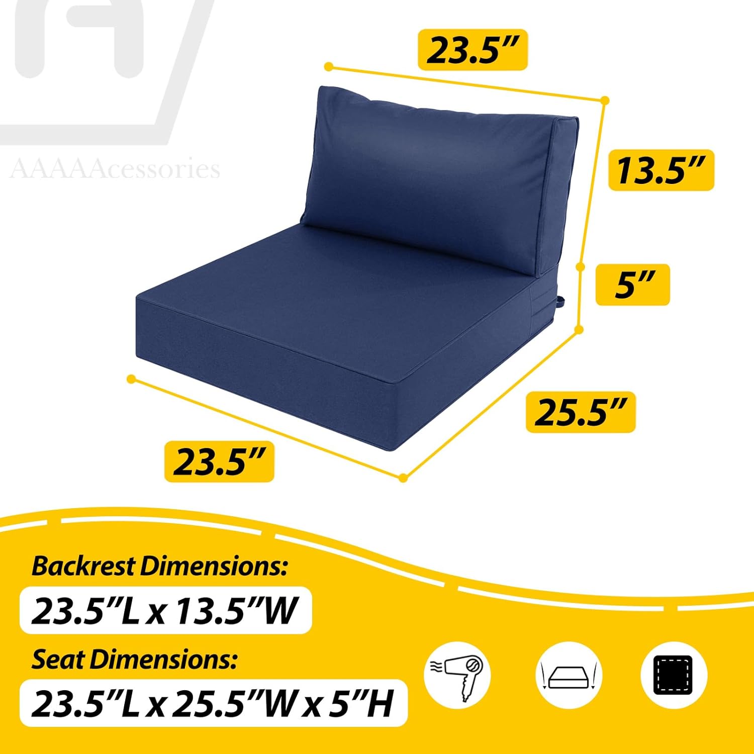 AAAAAcessories Outdoor Deep Seat Cushions, Waterproof, Fade-Resistant Patio Furniture Replacement Cushions, 23.5" x 25.5" x 5" + 23.5" x 13.5", Set of 2, Navy Blue