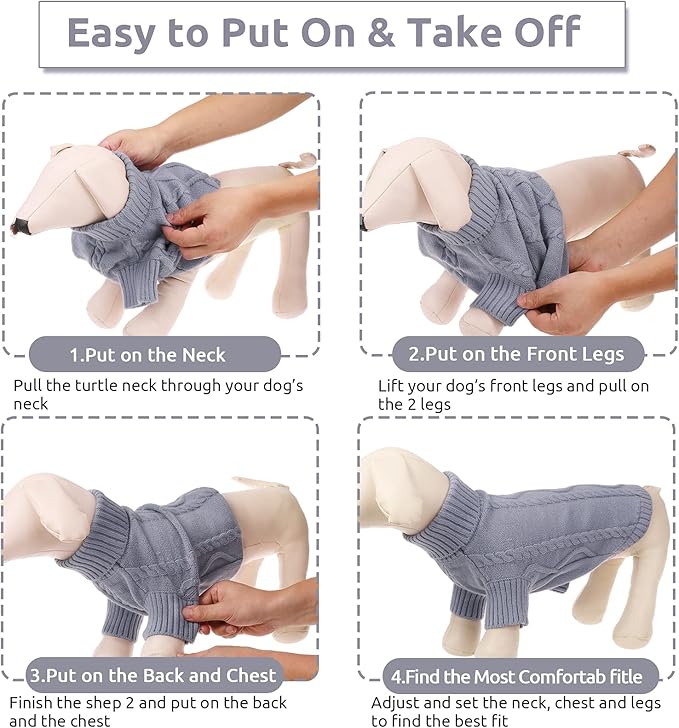 Queenmore Small Dog Pullover Sweater, Cold Weather Cable Knitwear, Classic Turtleneck Thick Warm Clothes for Chihuahua, Bulldog, Dachshund, Pug, Yorkie (Grey, X-Large)