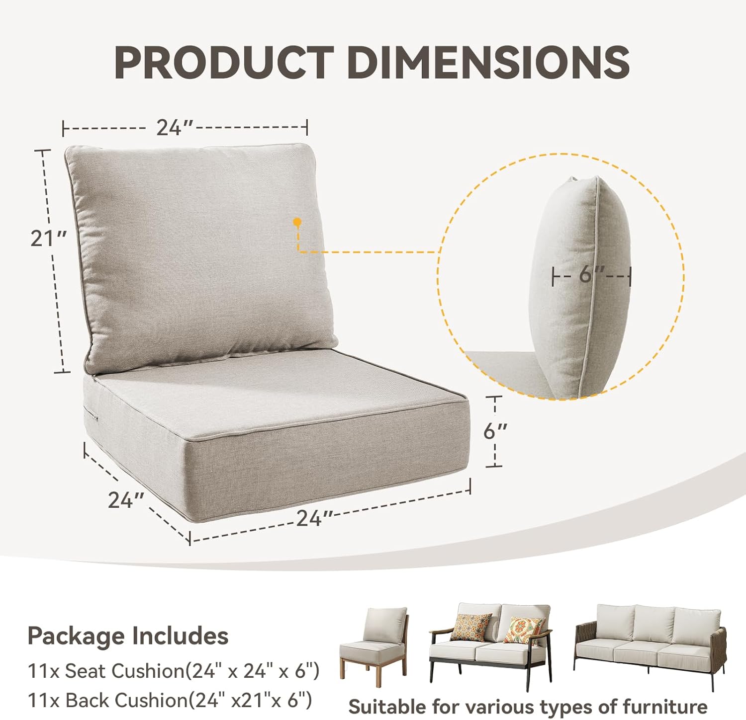 Outdoor Cushion Set for Furniture Patio Furniture, UV Resistant, Water Resistant - 6 Inch Thick Foam Garden Cushions– 24x24 Inch Patio Seat Covers for Chair/Sofa/Couch | Beige | 11-Pack |