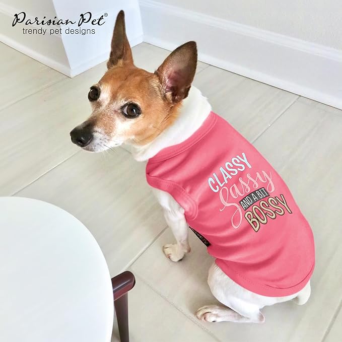 Parisian Pet 'Classy, Sassy and Bit Bossy' Dog T-Shirt - 100% Cotton, Pink Dog Shirt - Cute Pet Vest - Machine Washable for Medium-Sized Dogs