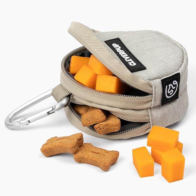 Snackpack Double Insulated Dog Treat Pouch - Holds 1.5 Cups - Dog Training and Walks Snack Bag, Two Pockets for Dry or Wet Treats, Attaches to Leash, Belt, or Bag - Sand