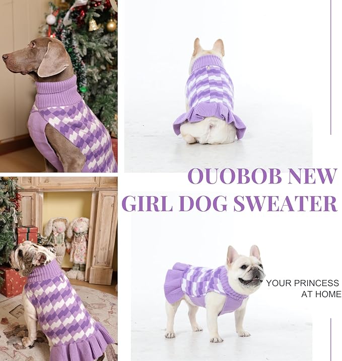 Girl Dog Sweater Dress for Small Medium Dogs,Dog Sweater Dress with Leash Hole, Thick Turtleneck Knitwear for Female Dogs, Cute Warm Fall Winter Pet Knitted Dress for Cold Weather, Christmas-M