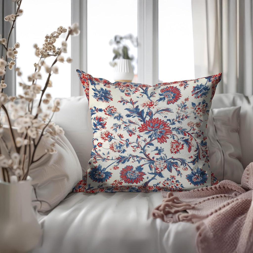 Bohemian Pillow Covers | Vintage Floral & Carpet Design | Double Sided Blue White Decorative Pillowcases for Couch, Bed | Indoor Outdoor Boho Home Decor (Red&White, 18x18inches)