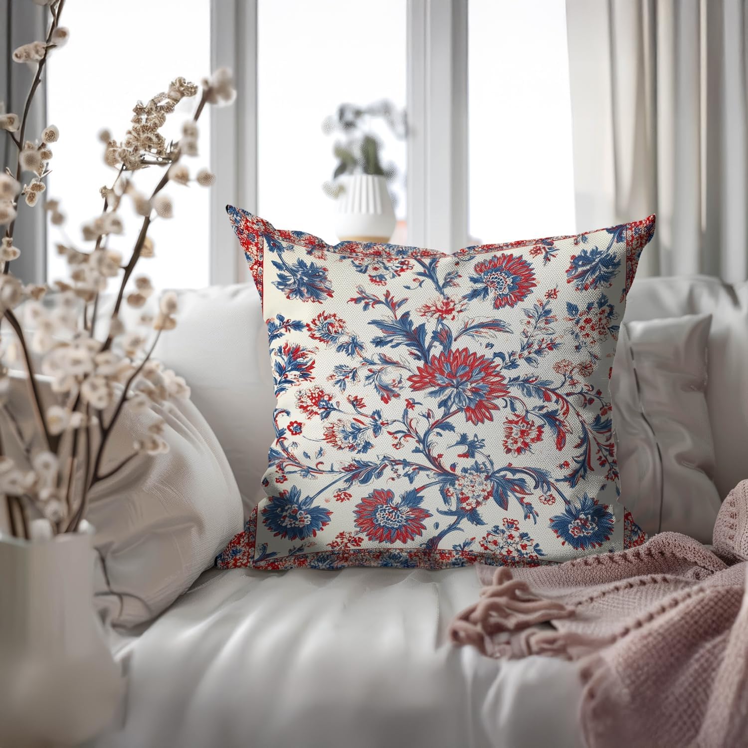 Bohemian Pillow Covers | Vintage Floral & Carpet Design | Double Sided Blue White Decorative Pillowcases for Couch, Bed | Indoor Outdoor Boho Home Decor (Red&White, 18x18inches)