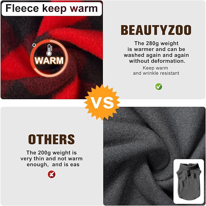 BEAUTYZOO Small Dog Sweater Fleece Vest Winter Jacket, D-Ring Leash Attachment for XS S Puppy Medium Sized Breeds Dogs, Cold Weather Dog Clothes Windproof Keep Warm, Christmas Red Plaid XL