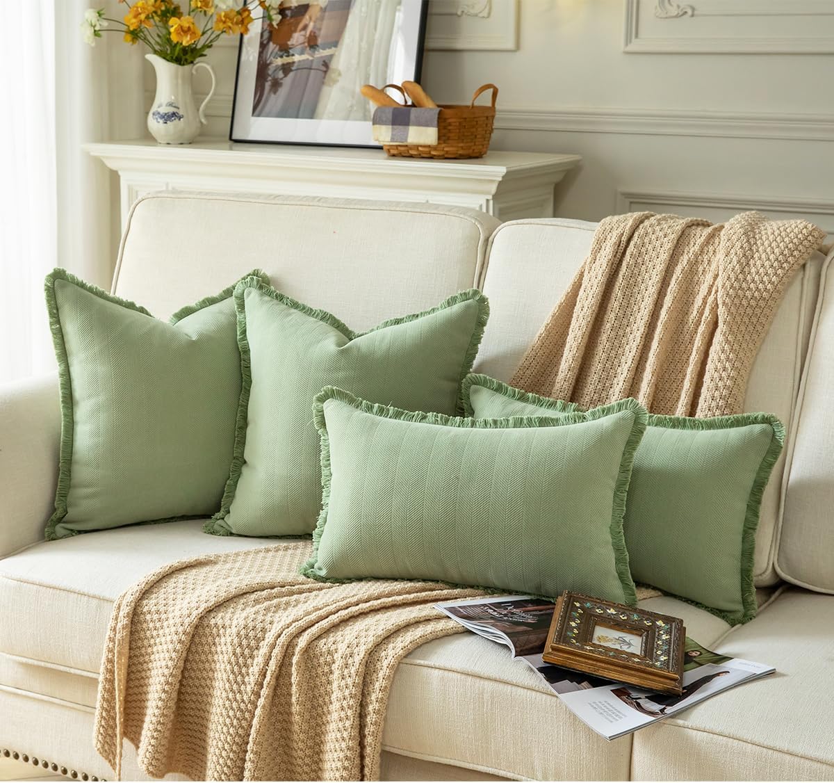 Set of 2 Decorative Fringe Throw Pillow Covers Chenille Pillow Covers Elegant Design Pillowcase Soft Tassels Cushion Cover for Couch Bed Home Decor,24×24 Inch,Sage Green