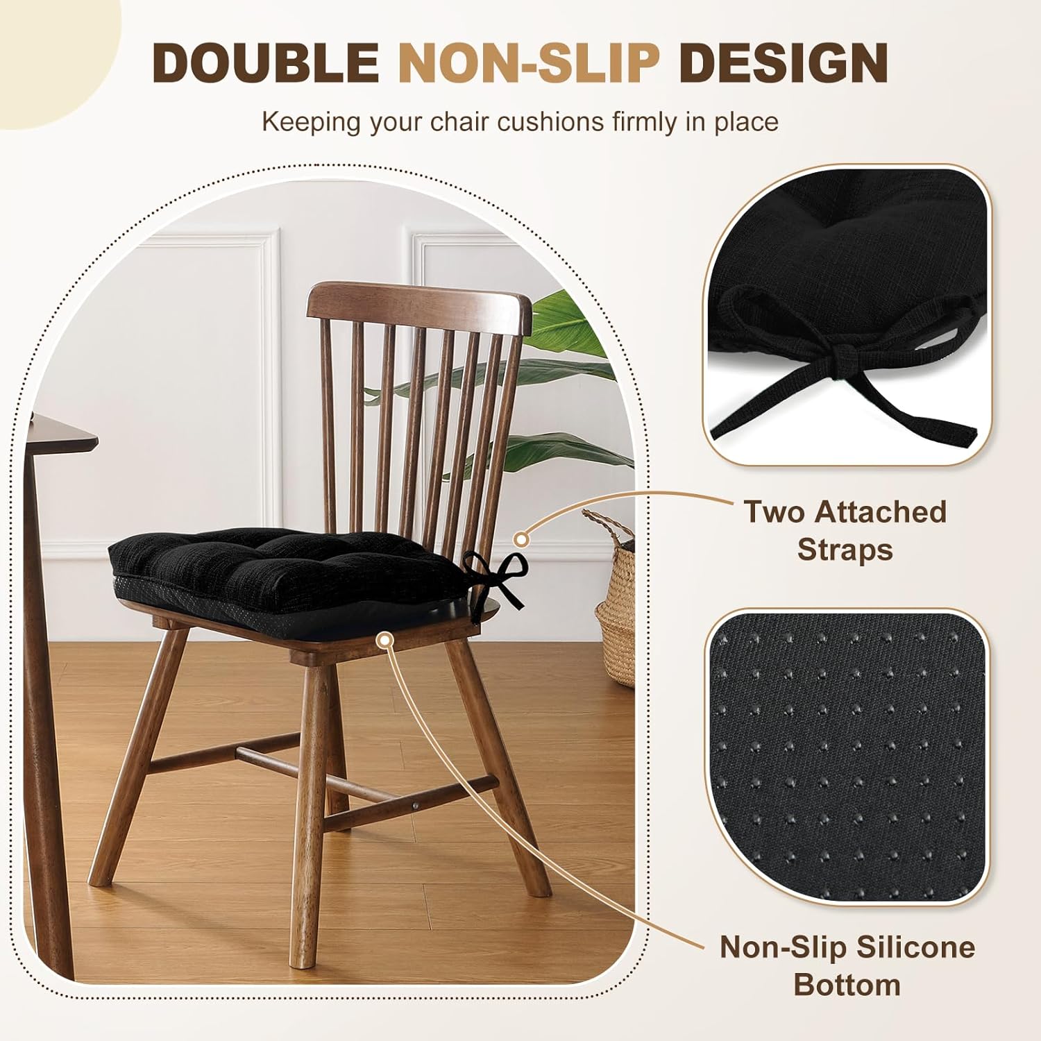 downluxe Indoor Chair Cushions for Dining Chairs, Tufted Overstuffed Textured Foam Kitchen Chair Pads with Ties and Non-Slip Backing, 15.5" x 15.5" x 4", Black, 6 Pack