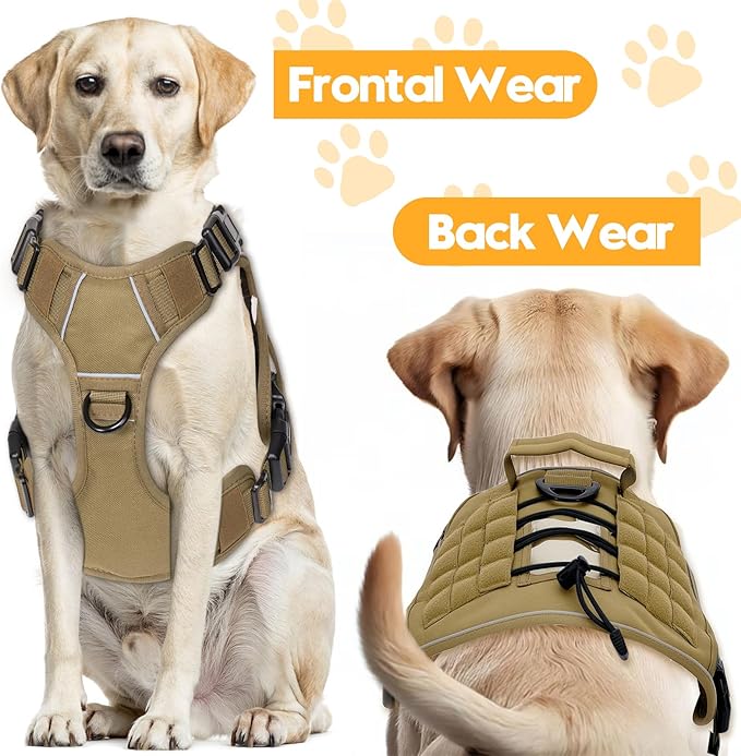 Heavy-Duty Tactical Dog Harness for Large Dogs, No Pull Adjustable Reflective Pet Vest with Molle System, K9 Military-Grade Control for Service Training, Outdoor & 10+ Breeds, Khaki, Large