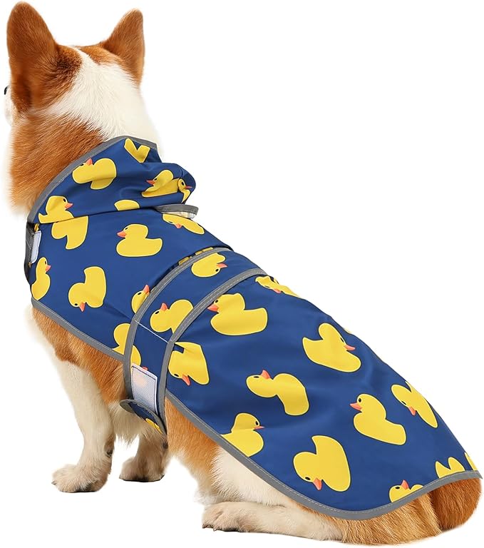 Dog Raincoat for Medium Dogs Waterproof Hooded Rain Jacket with Reflective Strips Leash Hole & Poncho Adjustable Fit (Duck,M)