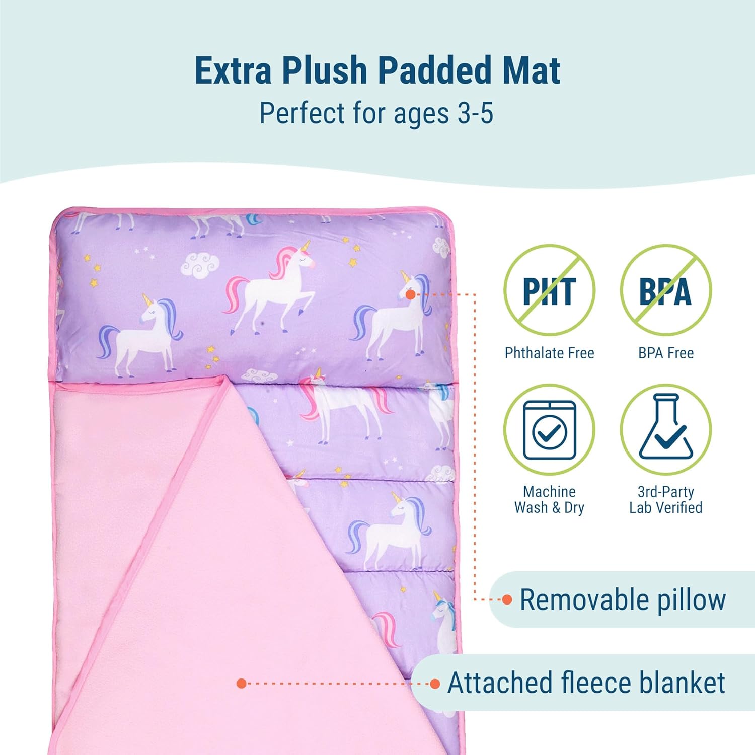 Wildkin 43-inch Kids Nap Mat – Soft Microfiber Toddler Sleeping Mat with Pillow