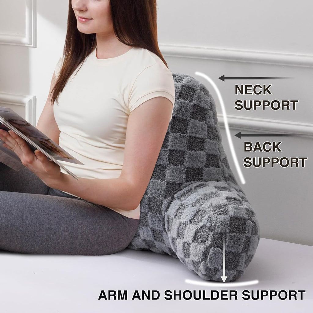 A Nice Night Faux Fur Reading Pillow,Checkered Fluffy Grid Plaid,Bed Wedge Pillow Large Adult Children Backrest with Arms for Bedrest,Grey