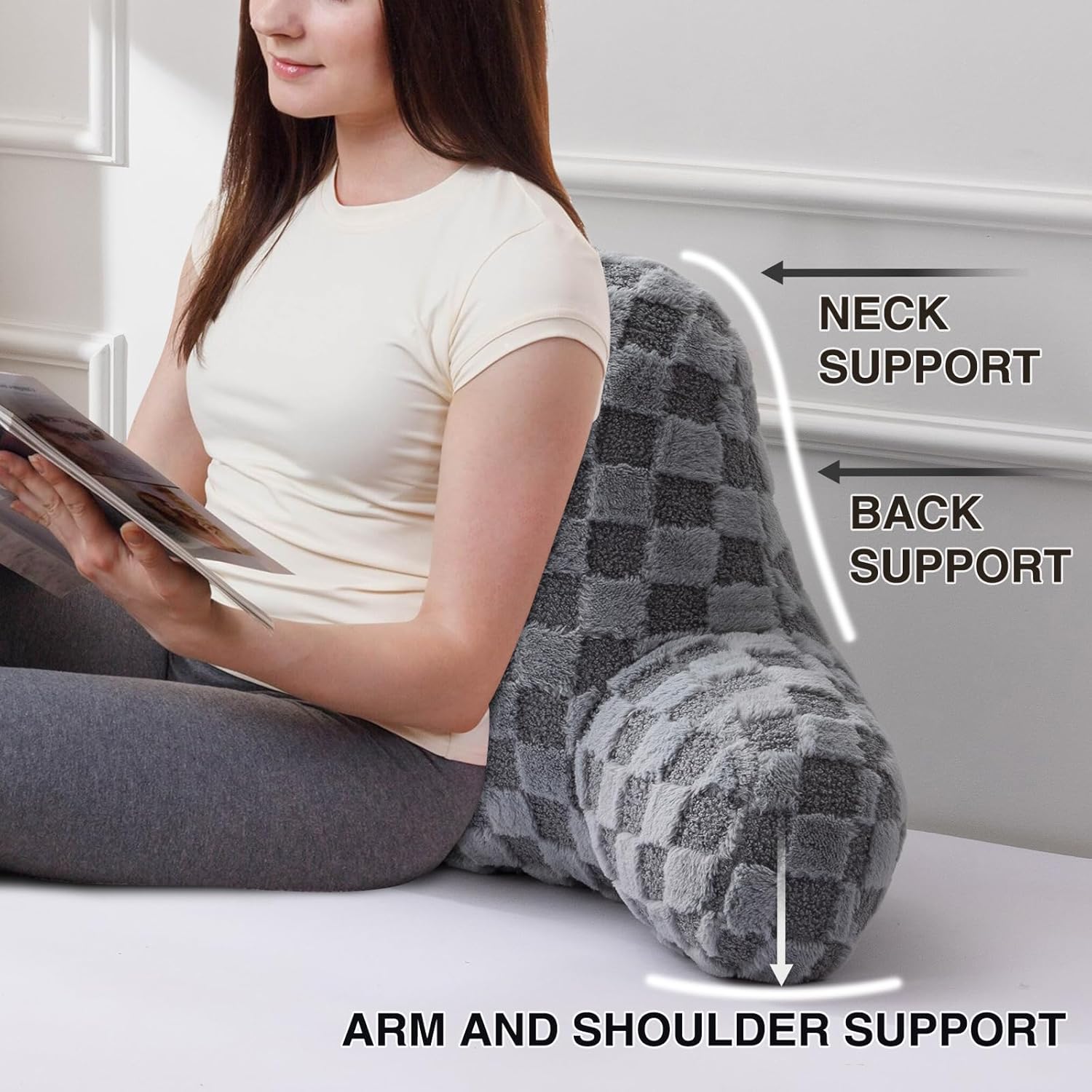 A Nice Night Faux Fur Reading Pillow,Checkered Fluffy Grid Plaid,Bed Wedge Pillow Large Adult Children Backrest with Arms for Bedrest,Grey