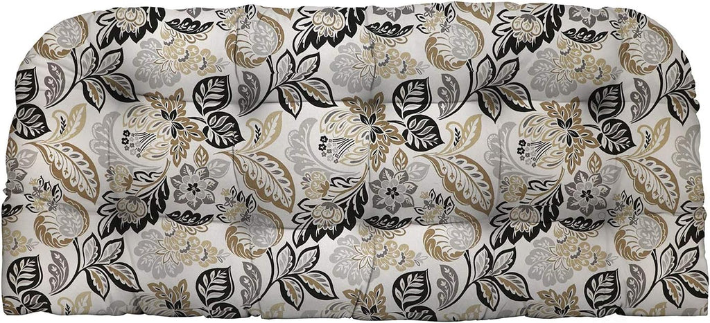 RSH DECOR: Tufted Wicker Loveseat Cushion | 41” x 19" | All-Weather Spun Fabric | Water and Fade-Resistant | Outdoor Settee Cushion for Patio Furniture | Dailey Pewter Grey Scroll