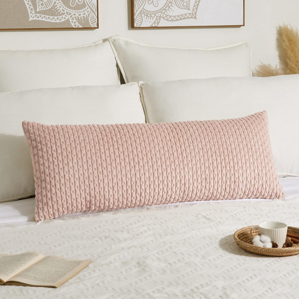 Kevin Textile 14x36 Inch Long Lumbar 1 Pack Boho Decorative Throw Pillow Cover Soft Striped Corduroy Rectangle Cushion Case Farmhouse Accent for Living Room Couch Sofa Bed, Light Pink