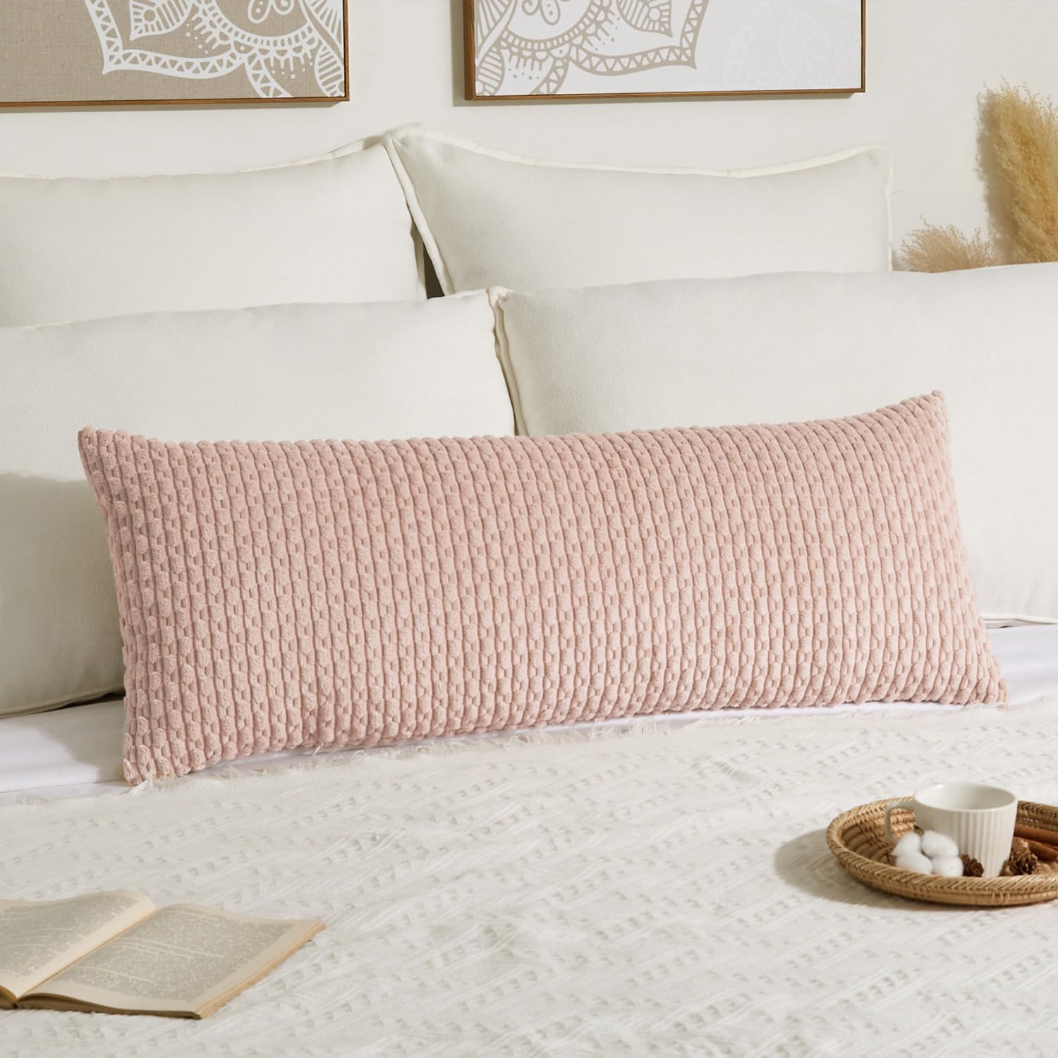 Kevin Textile 14x36 Inch Long Lumbar 1 Pack Boho Decorative Throw Pillow Cover Soft Striped Corduroy Rectangle Cushion Case Farmhouse Accent for Living Room Couch Sofa Bed, Light Pink