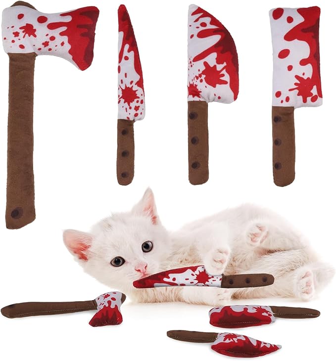 EXPAWLORER Cat Catnip Toys- 4 Psc Interactive Stuffed Knife Cat Nip Toy for Indoor Cats, Bite Resistant Chew Toys Teeth Cleaning Gift for Kitten