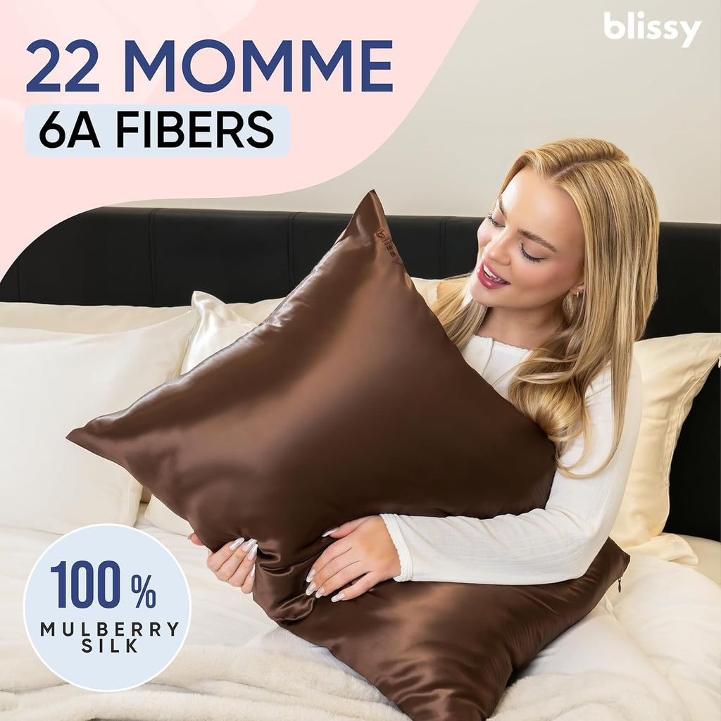 Blissy Silk Pillowcase - 100% Pure Mulberry Silk - 22 Momme 6A High-Grade Fibers - Silk Pillow Cover for Hair & Skin - Regular, Queen & King (Chocolate, Standard)