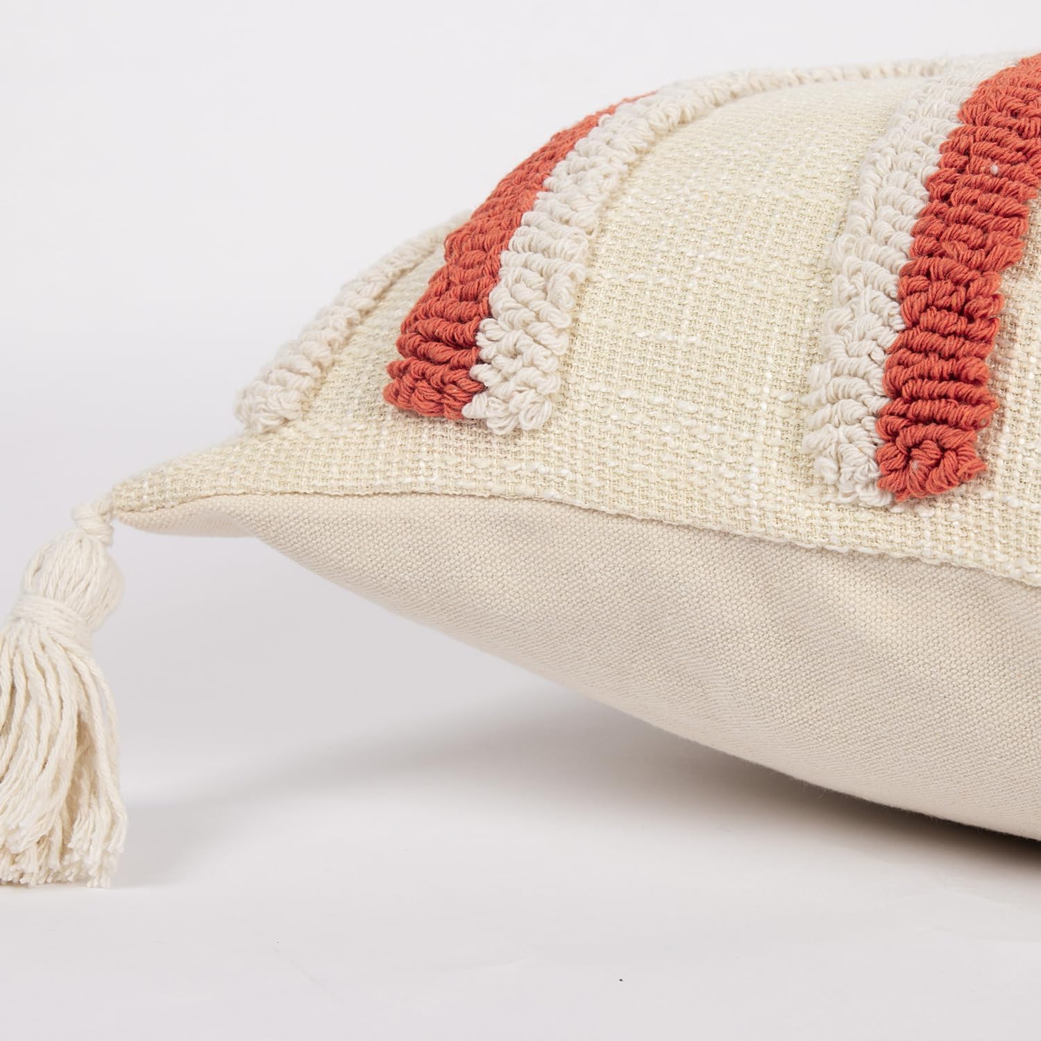 Bohemian Rainbow Lumbar Throw Pillow Covers with Tassels, Accent Boho Tufted Decorative Pillowcase, Soft Farmhouse Neutral Home Decor for Couch Bedroom Car 12 x 20 Inch Orange