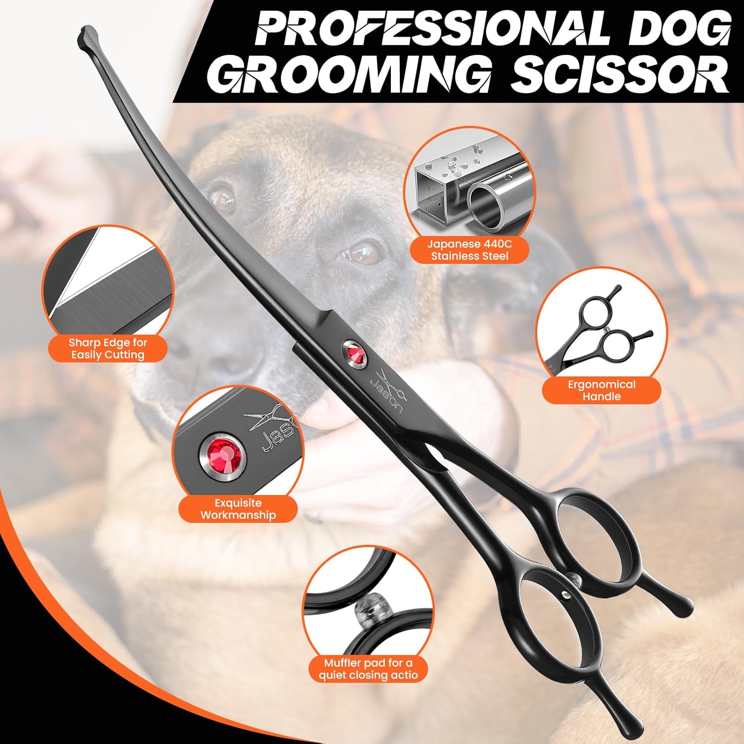 JASON 7.5" Dog Grooming Shear - Professional Up-curved Scissor with Round Tips Japanese Stainless Steel Hair Scissor for Dogs, Cats and Other Pets (Curved with Round Tips, Black)