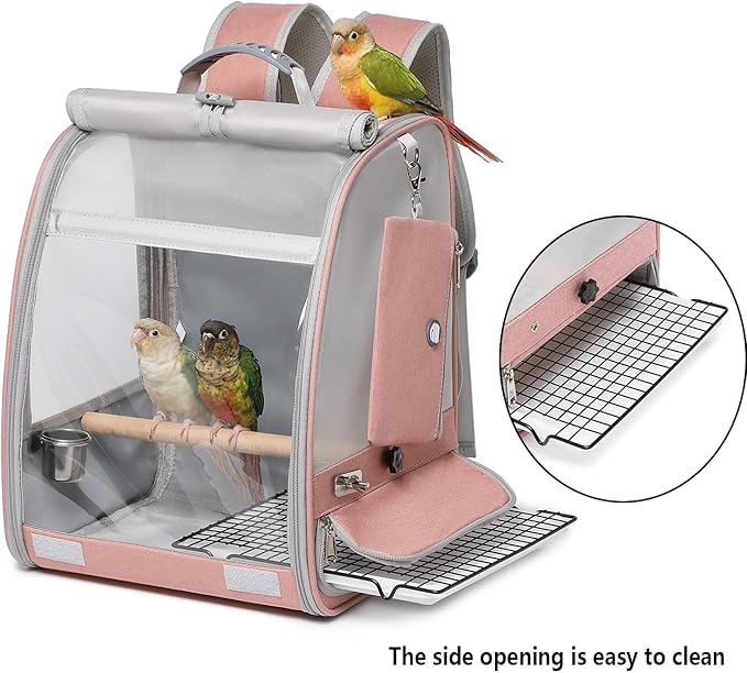 Bird Carrier Backpack, Portable Travel Bird Cage with Standing Perch, 2 Feeder Cups, Iron Mesh Stand & Removable Tray Lightweight, Breathable Mesh Window for Parrot Carrier，Easy Clean (Pink)